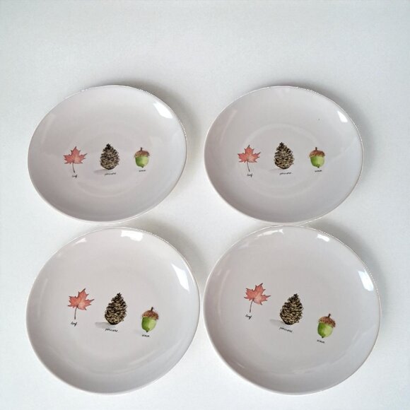 Rae Dunn Magenta Fall 6" Bread or Dessert Plates Acorn Pinecone Leaf Set of 4 - Picture 1 of 10
